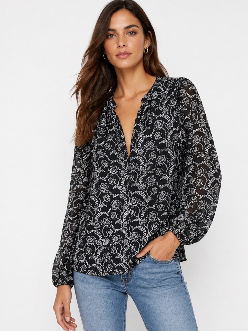 A.L.C. Adara Silk Blend Black & White Floral Blouse - Size 6